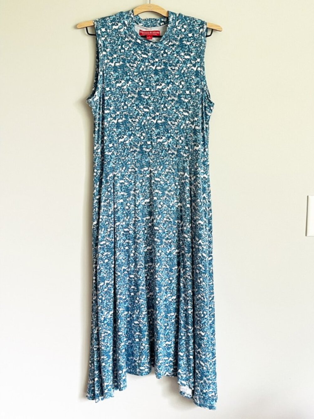 Krimson Klover Dress Size Large Blue White Printed Jersey Knit Pockets Mock Neck